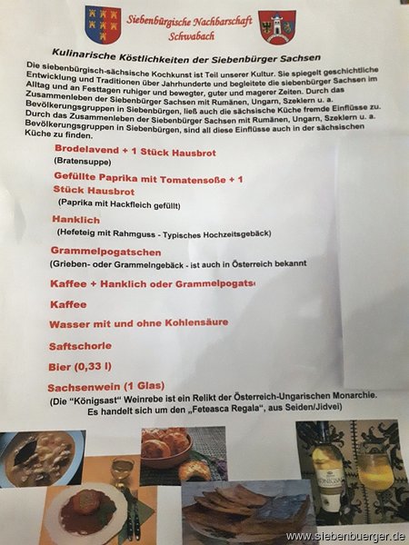 Essens- und Getrnkeliste der Siebenbrgischen Nachbarschaft Schwabach