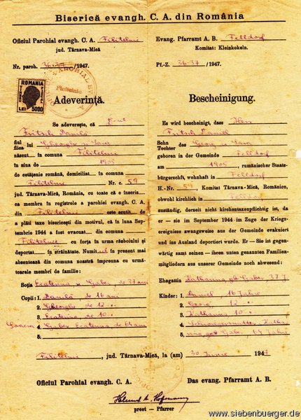 ABWESENHEITSBESCHEINIGUNG des Evang.Pfarramt A.B.in Felldorf 1947